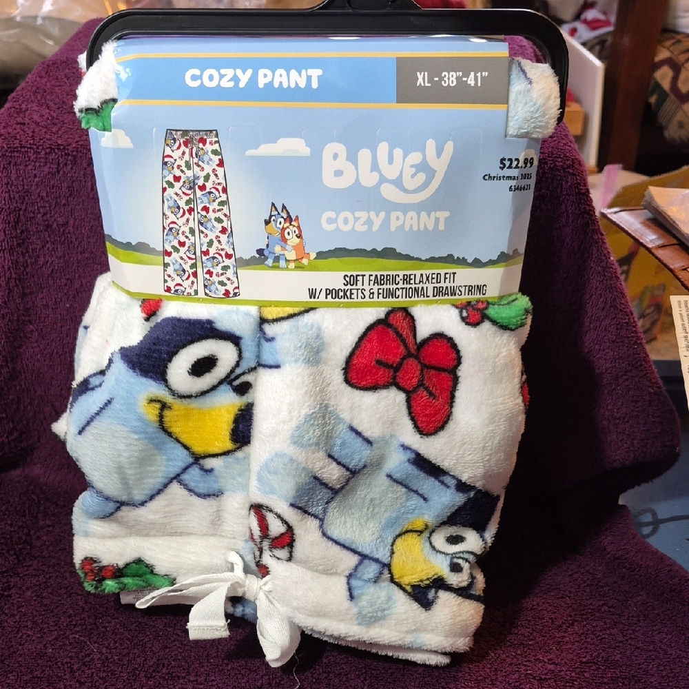 Adult Bluey Christmas Cozy Draw String Fuzzy Pants With Pockets